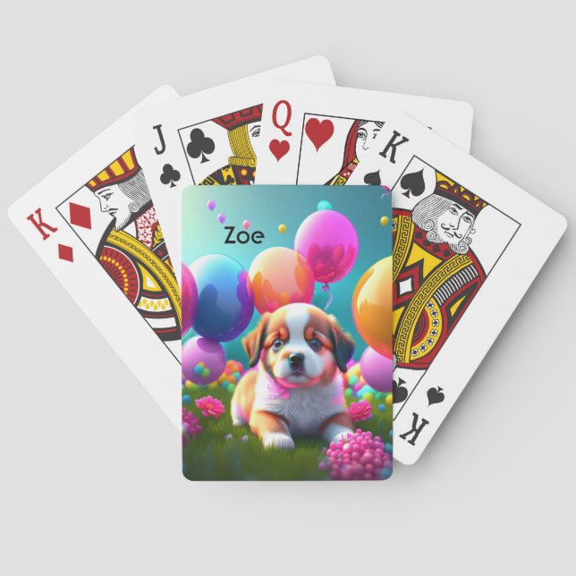 Cute puppy with balloons - sweet  poker cards (Back)