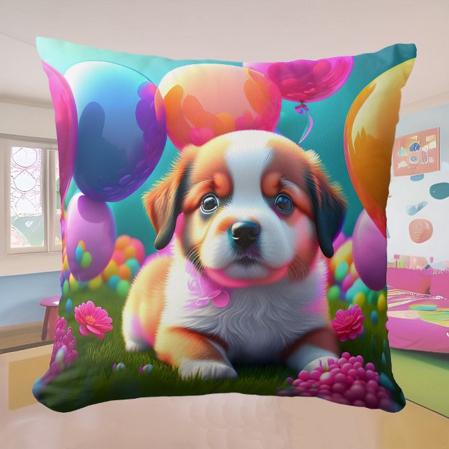 Cute puppy with balloons   throw pillow (Creator Uploaded)