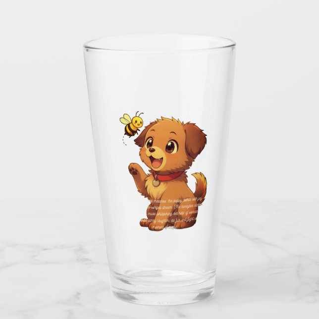 Cute Puppy with Bee Cartoon Drinking Glass (Front)