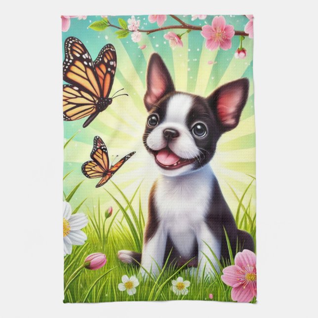 Cute Puppy with Blossoms and Butterflies Kitchen Towel (Vertical)