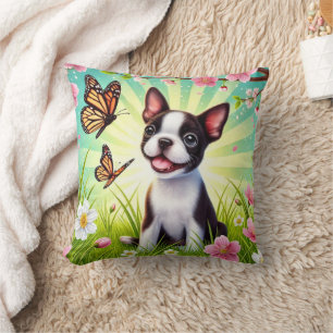 Cute Puppy with Blossoms and Butterflies Throw Pillow