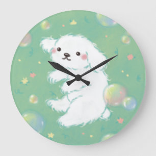 Cute Puppy with Bubbles and Flowers Large Clock