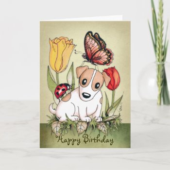 Cute Puppy With Butterfly And Ladybug Birthday Card by AleenaDesign at Zazzle