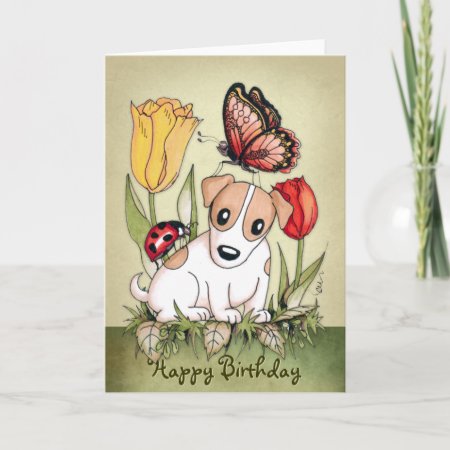 Cute Puppy With Butterfly And Ladybug Birthday Card