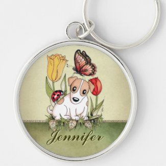 Cute Puppy with Butterfly, Ladybug and Tulips