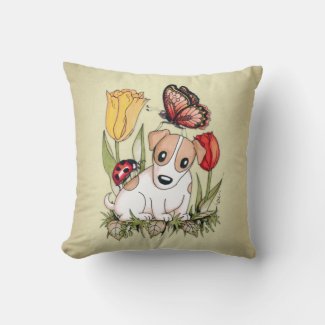 Cute Puppy with Butterfly, Ladybug and Tulips