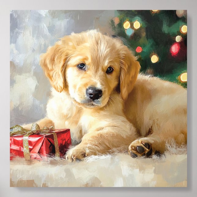 Cute Puppy with Christmas Gifts As Painting Acrylic Photo Tile (Front Set)
