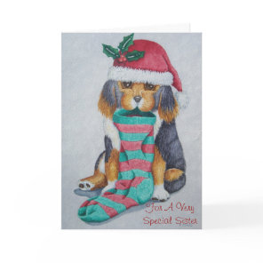 cute puppy with christmas with stocking for sister holiday card