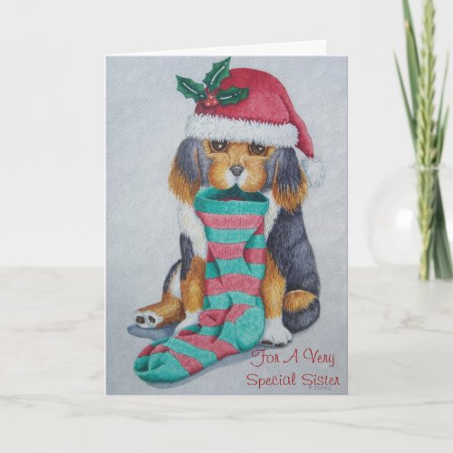 cute puppy with christmas with stocking for sister holiday card
