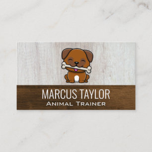 Cute Puppy with Dog Bone   Wood Background Business Card