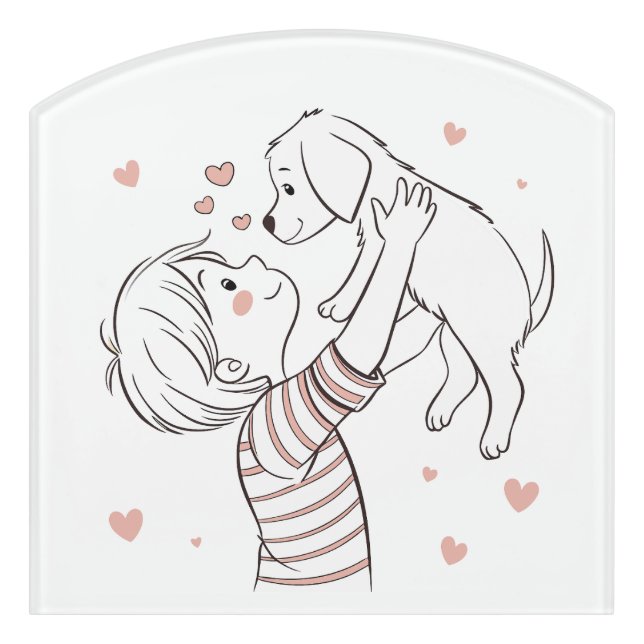 Cute Puppy with Happy Kid Cartoon Door Sign (Contour Front)