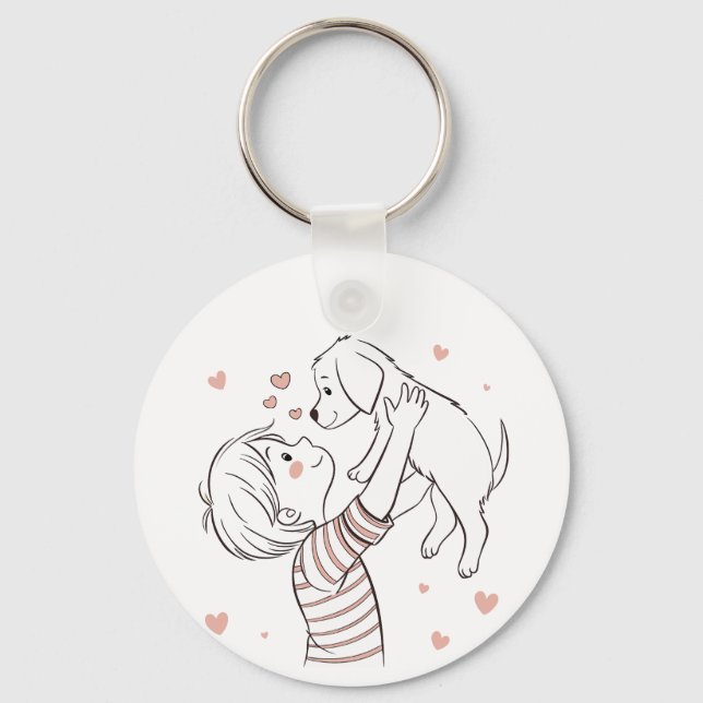 Cute Puppy with Happy Kid Cartoon Keychain (Front)