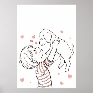 Cute Puppy with Happy Kid Cartoon Poster