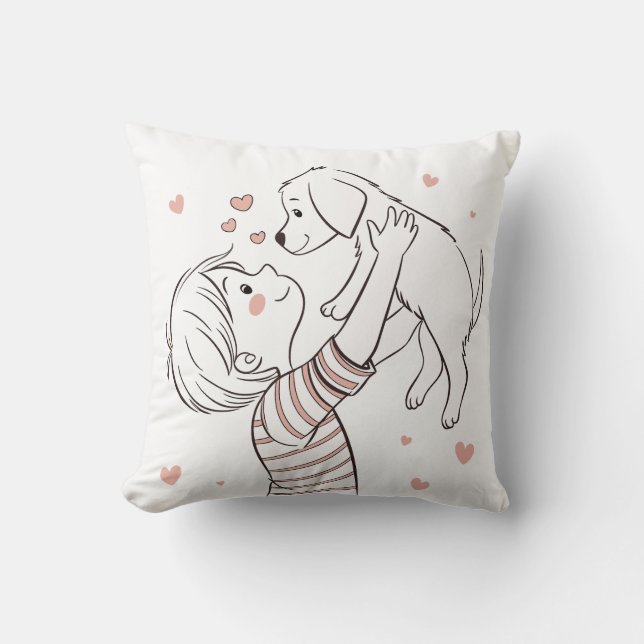 Cute Puppy with Happy Kid Cartoon Throw Pillow (Front)