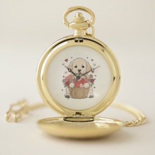 Cute Puppy with Heart and Rose Basket illustration Pocket Watch