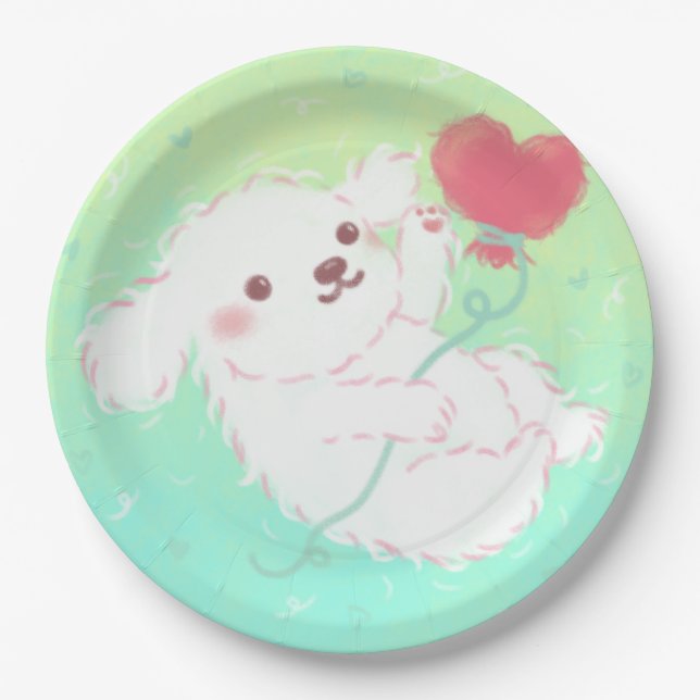 Cute Puppy with Heart Balloon Paper Plates (Front)