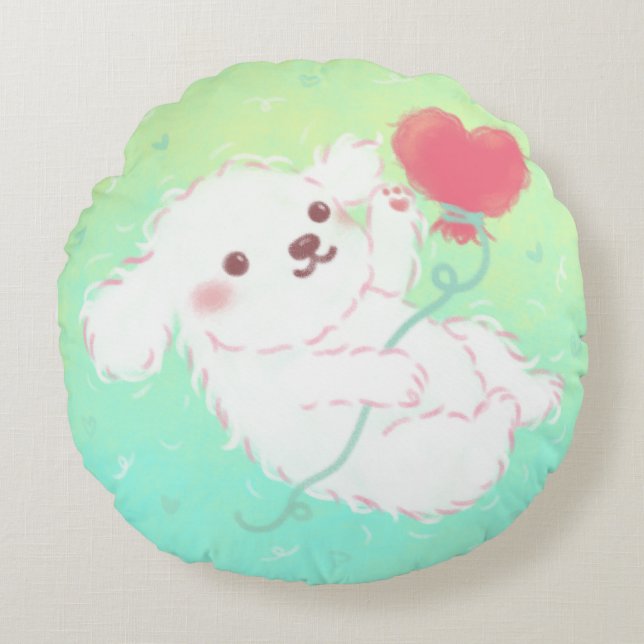 Cute Puppy with Heart Balloon Round Pillow (Front)