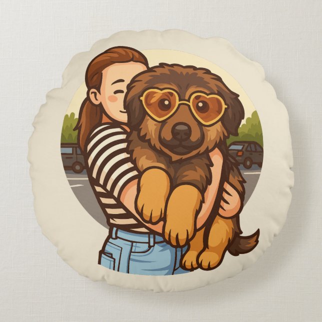 Cute Puppy with Heart Sunglasses  Round Pillow (Front)