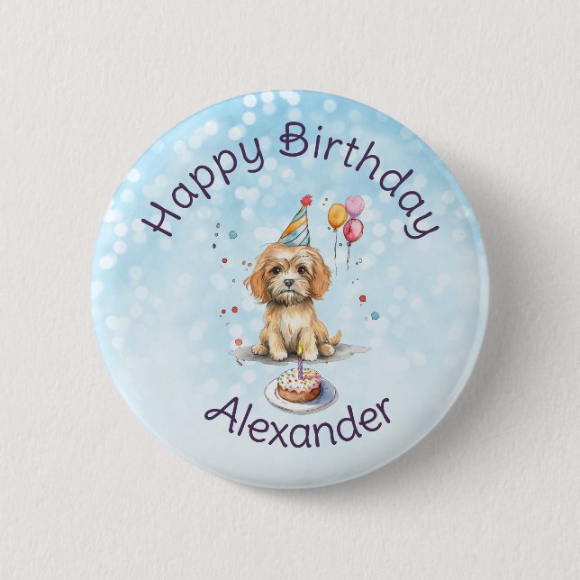 Cute Puppy with Party Hat Birthday Button (Front)