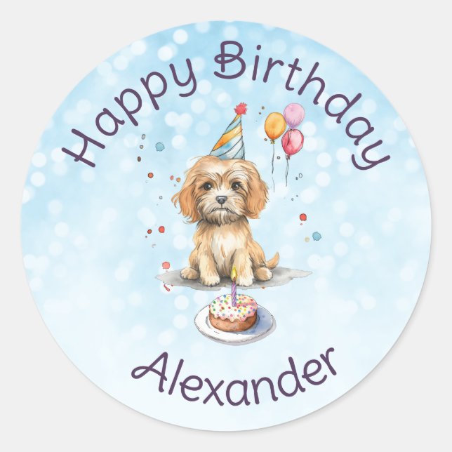 Cute Puppy with Party Hat Birthday Classic Round Sticker (Front)