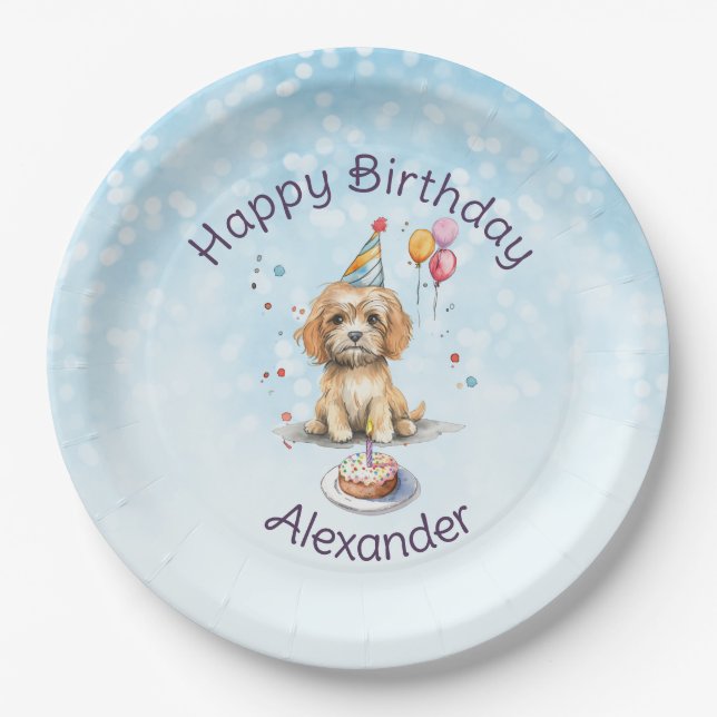 Cute Puppy with Party Hat Birthday Paper Plates (Front)