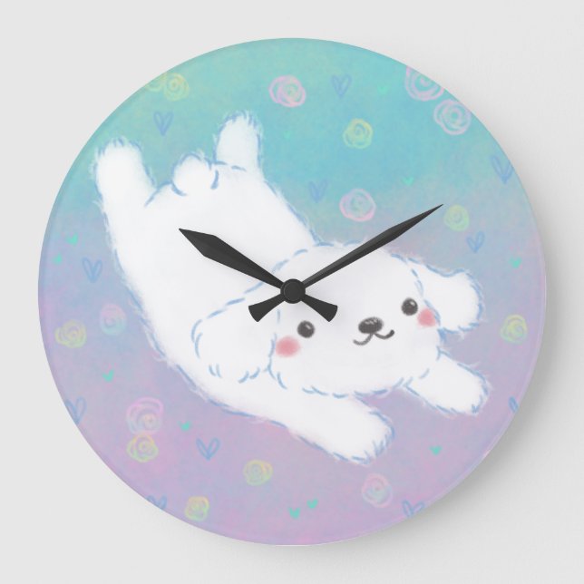 Cute Puppy with Pastel Flowers Large Clock (Front)