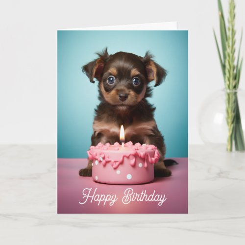 Cute Puppy with Pink Cake Dog Birthday Card