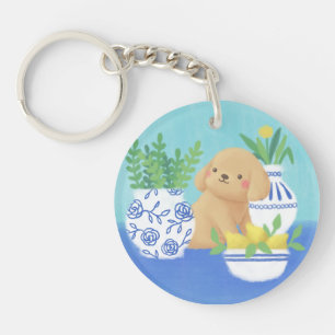 Cute Puppy with Plants, Lemons & Flower Keychain