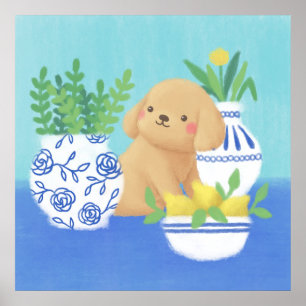 Cute Puppy with Plants, Lemons & Flower Poster