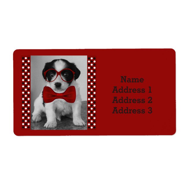 Cute Puppy with Red Bow and Glasses Address Label (Front)