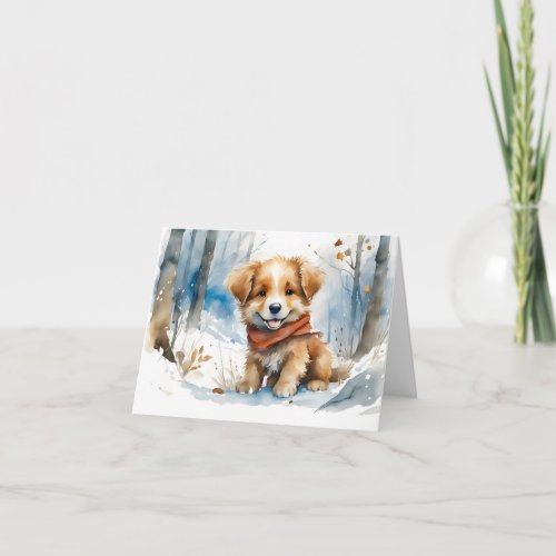 Cute Puppy with Red Scarf in Snow Blank Greeting  Card