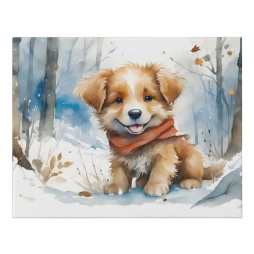 Cute Puppy with Red Scarf in Snow Faux Canvas Print