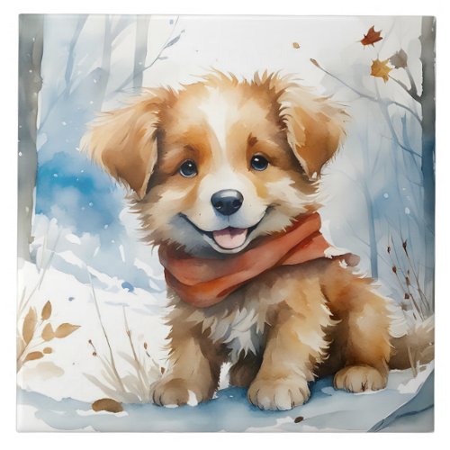 Cute Puppy with Red Scarf in Snow Portrait Pose Ceramic Tile