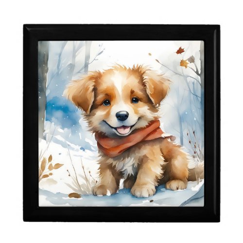 Cute Puppy with Red Scarf in Snow Wooden Keepsake  Gift Box