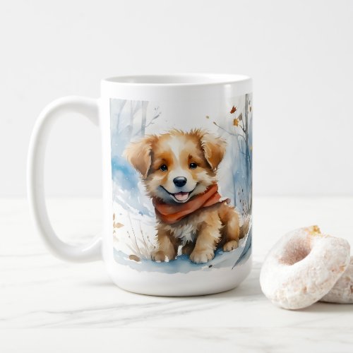 Cute Puppy with Red Scarf Playing in Snow  Coffee Mug