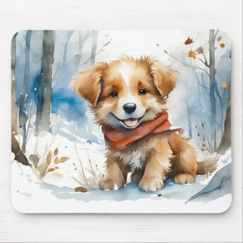 Cute Puppy with Red Scarf Playing in Snow  Mouse Pad
