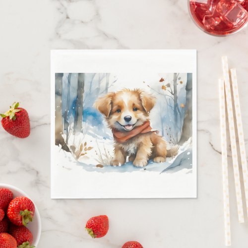 Cute Puppy with Red Scarf Playing in Snow  Napkins
