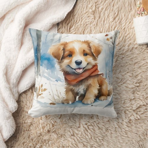 Cute Puppy with Red Scarf Playing in Snow  Throw Pillow