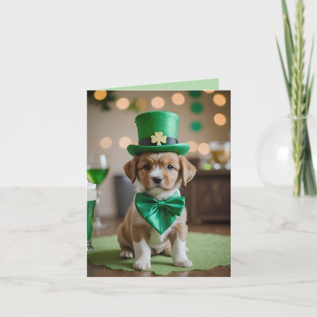 Cute puppy with St. Patrick's outfit in a Pub Holiday Card (Front)
