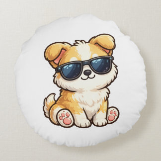 Cute Puppy with Sunglasses Kawaii Design Round Pillow
