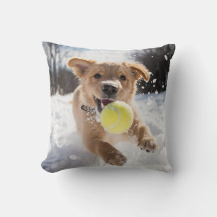 🐕 Cute  puppy with Tennis balls in ❄️snow Throw Pillow