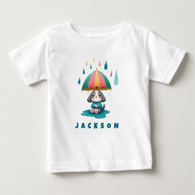 Cute Puppy with Umbrella Sitting in Puddle Baby T-Shirt (Front)