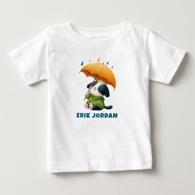 Cute Puppy with Umbrella Stares into the Sky Baby T-Shirt (Front)