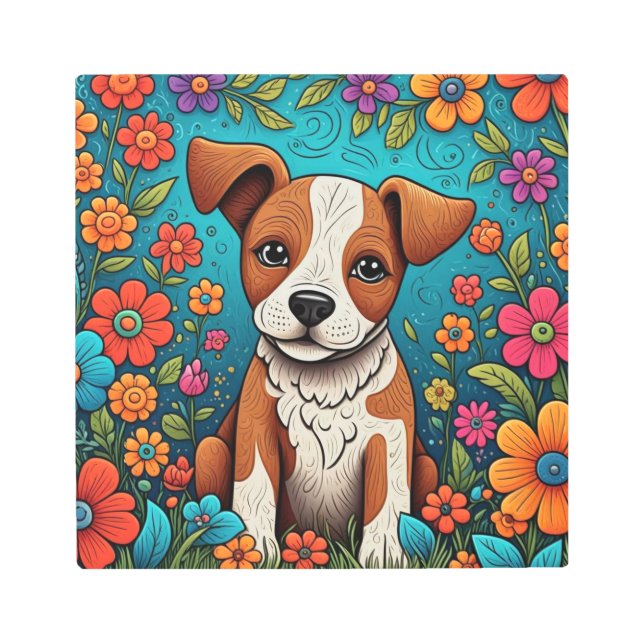 Cute Puppy with Whimsical Folk Art Flowers (Front)
