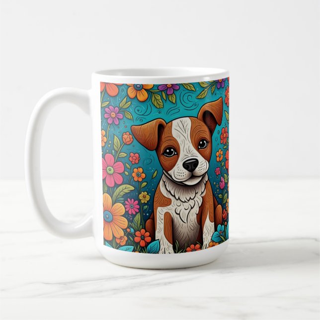 Cute Puppy with Whimsical Folk Art Flowers Coffee Mug (Left)