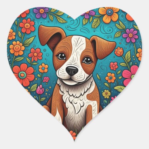 Cute Puppy with Whimsical Folk Art Flowers Heart Sticker