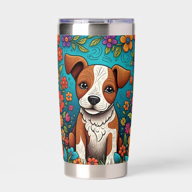 Cute Puppy with Whimsical Folk Art Flowers Insulated Tumbler (Front)