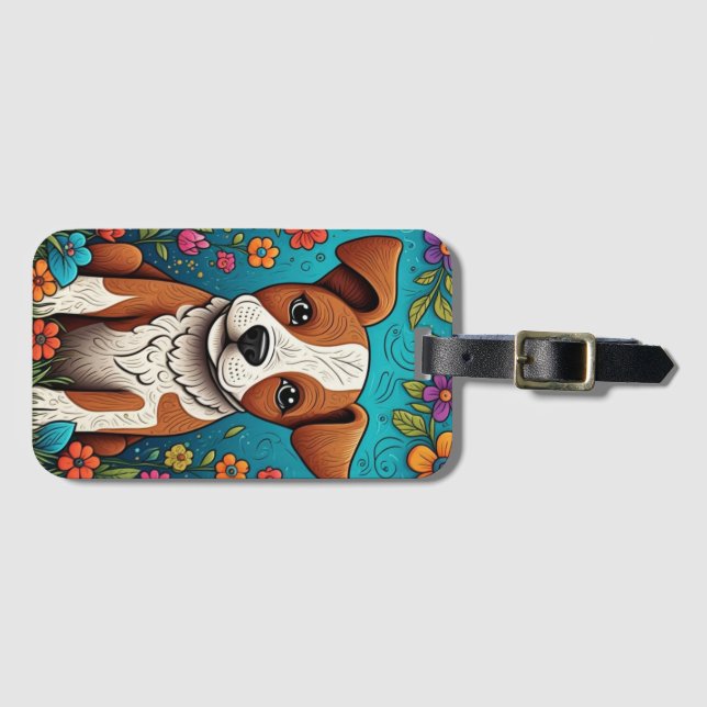 Cute Puppy with Whimsical Folk Art Flowers Luggage Tag (Front Horizontal)