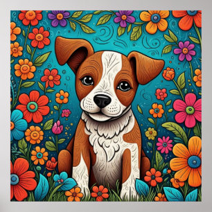 Cute Puppy with Whimsical Folk Art Flowers Poster