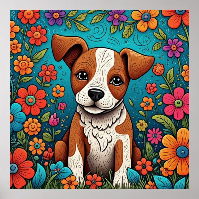 Cute Puppy with Whimsical Folk Art Flowers Poster (Front)
